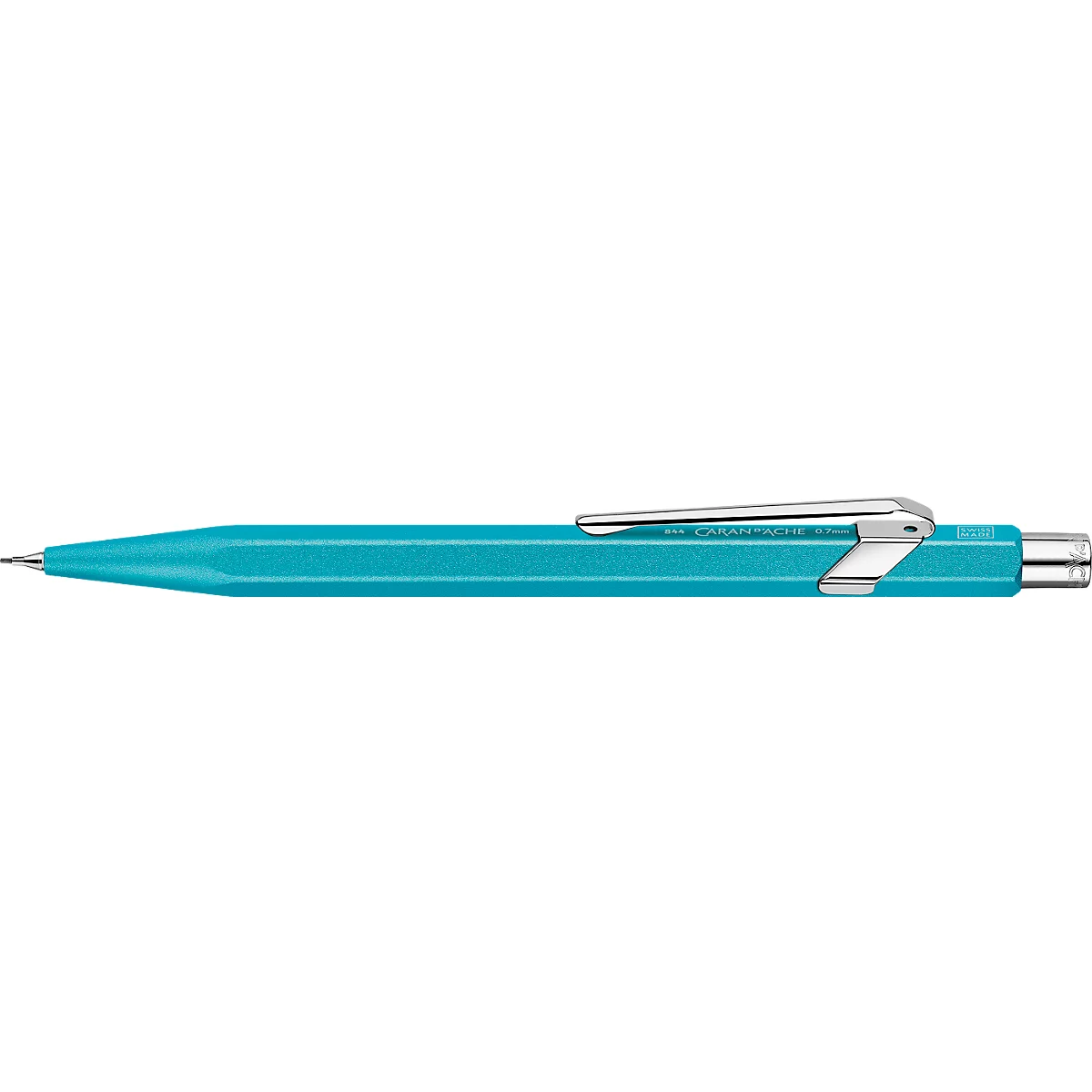 Türkis farbener Stift, Detailaufnahme. Mit silbernem Clip und Stiftspitze.