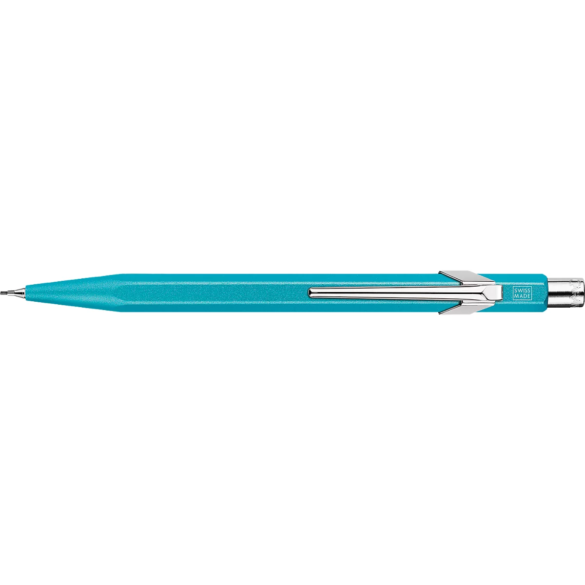 Türkisfarbener Stift, Metallclip, Spitze, Blick von oben.