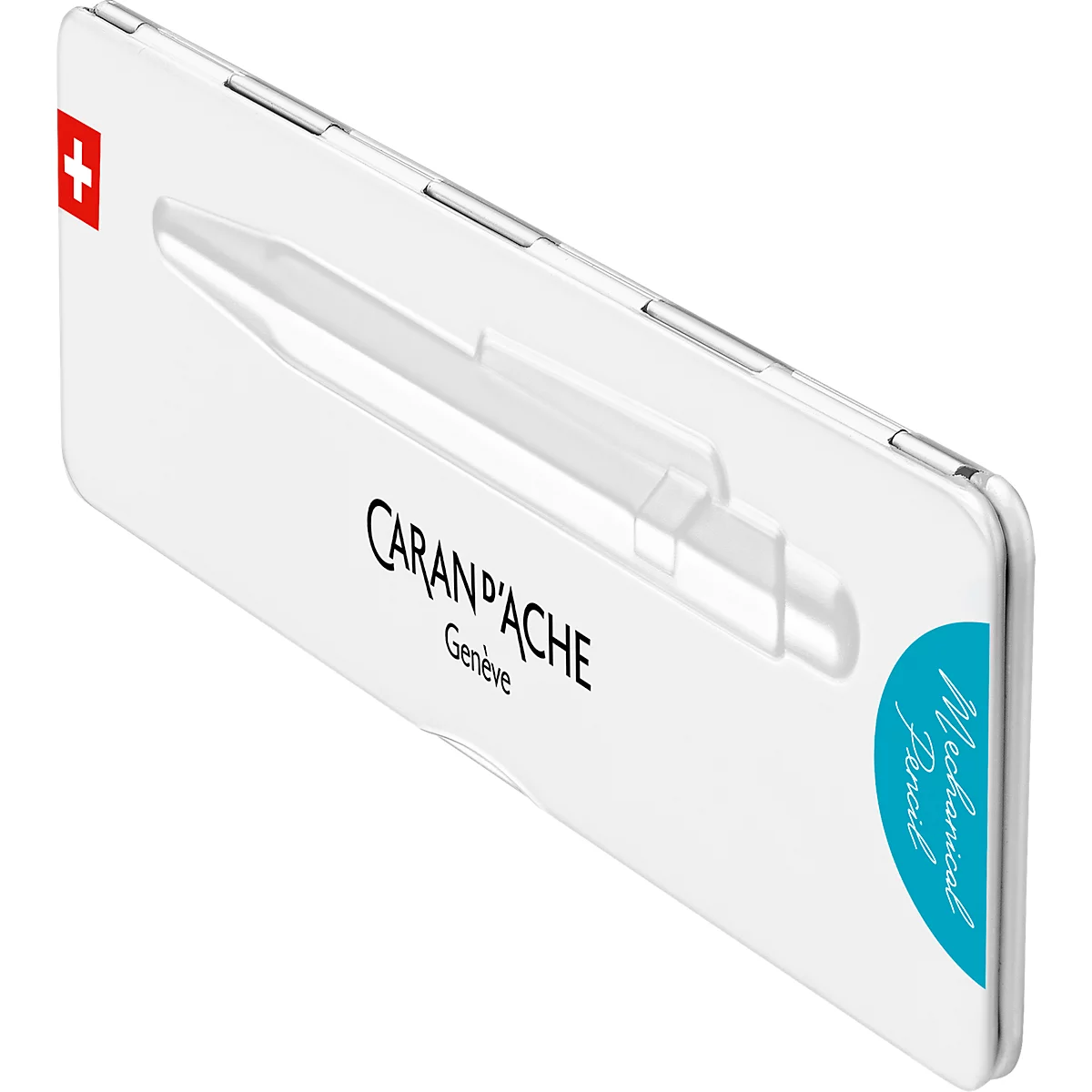 Weisse Verpackung mit einem Stift-Umriss, Caran d'Ache Logo, und Schweizer Flagge.