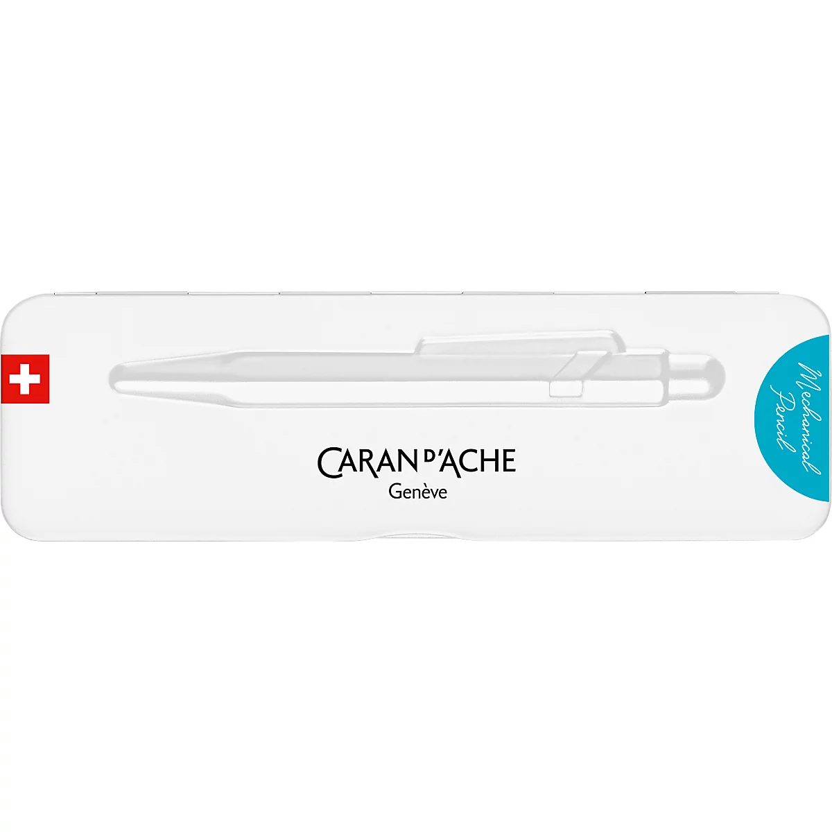 Weisse Bleistiftverpackung mit Caran d'Ache-Logo und Schweizer Kreuz. Der Bleistift wird schematisch dargestellt, daneben die Aufschrift „Mechanical Pencil“.