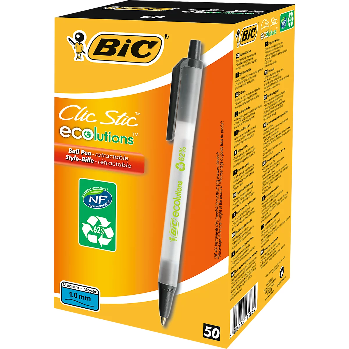 Druckkugelschreiber BIC® ECOlutions® Clic Stic, 0,4 mm, recycelt, schwarz, 50 Stück