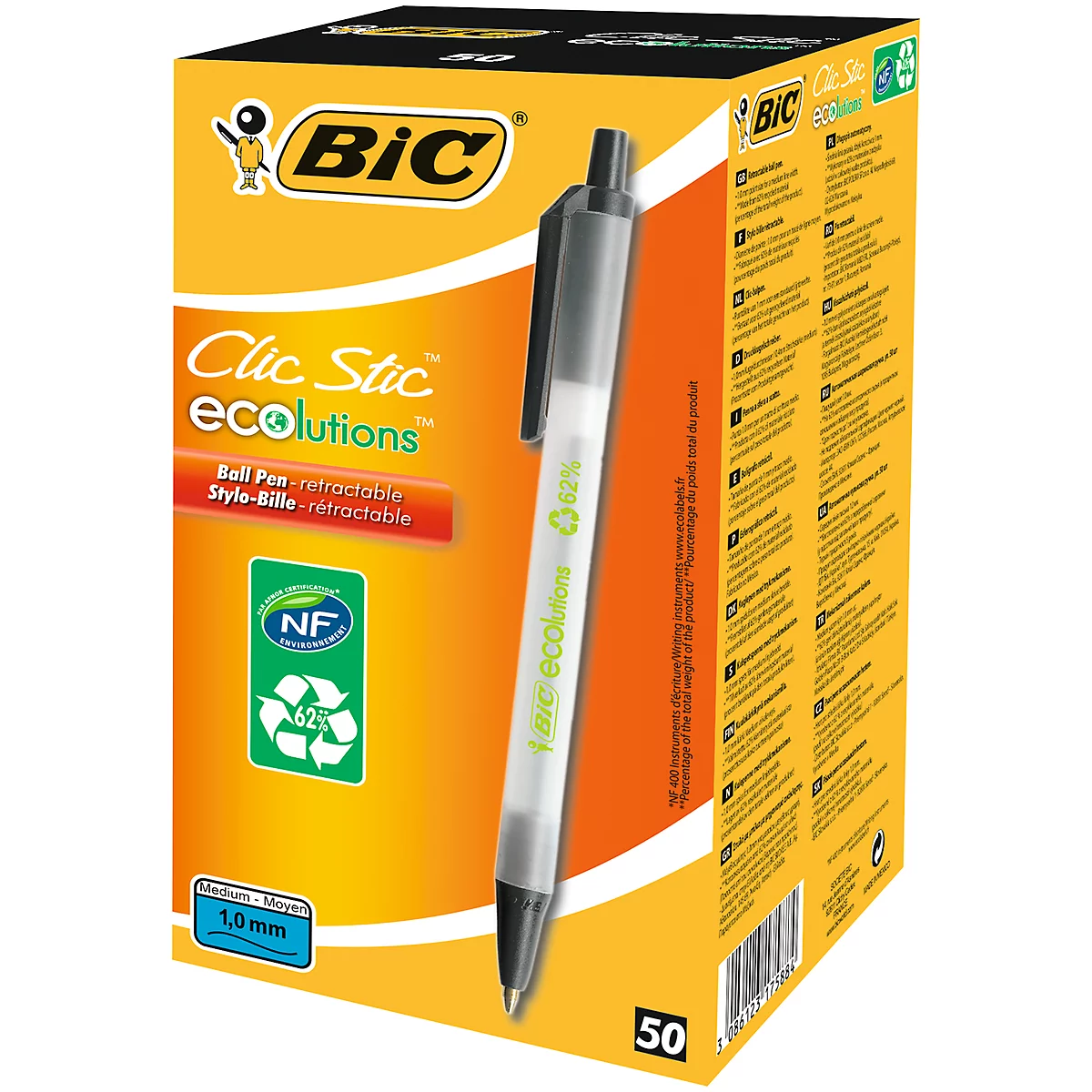 Druckkugelschreiber BIC® ECOlutions® Clic Stic, 0,4 mm, recycelt, schwarz, 50 Stück