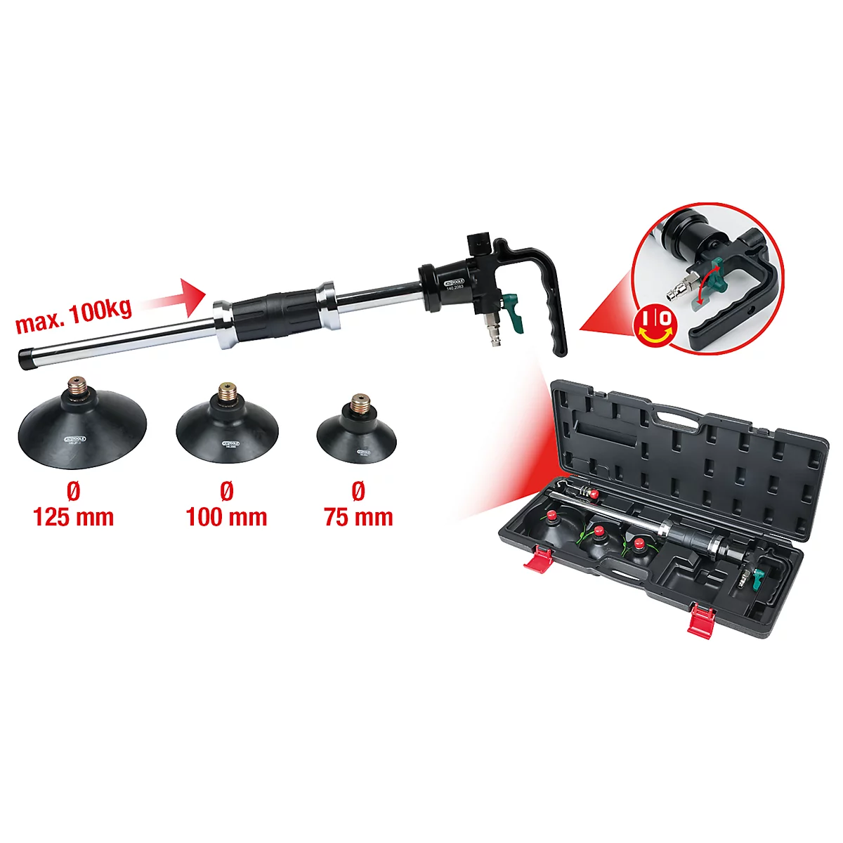 Werkzeugset mit Saugnäpfen und Griff. Inklusive Koffer, detaillierte Nahaufnahmen. Text: max. 100kg, 125 mm, 100 mm, 75 mm.