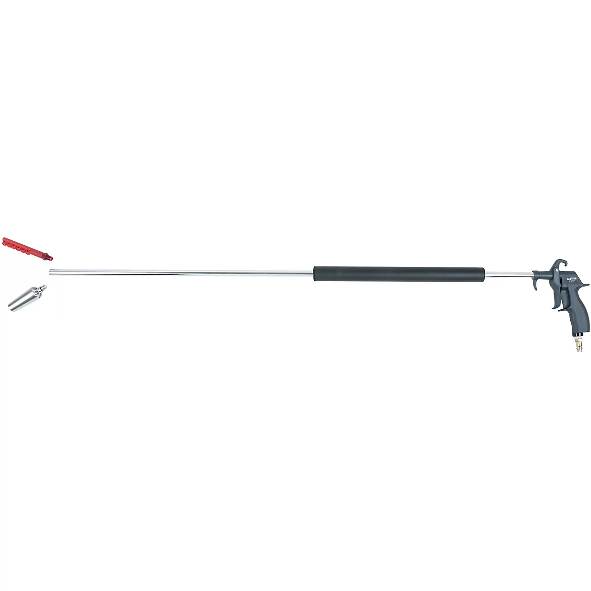 Lange Druckluftpistole, grau, mit Handgriff, Verlängerung und Zubehör.