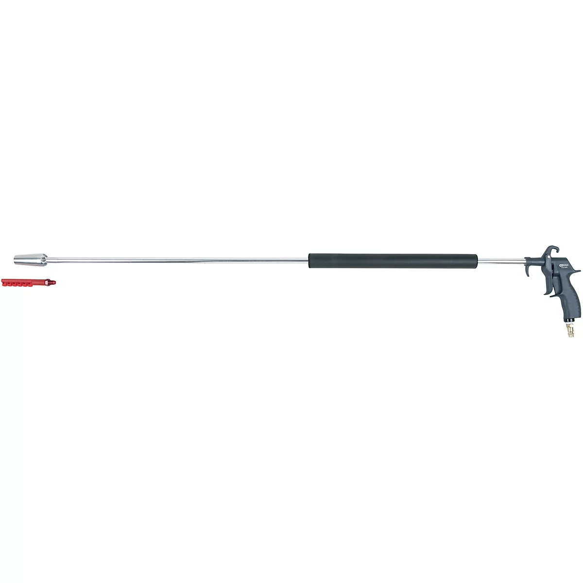 Luftpistole mit silberner Düse, schwarzem Griff und rotem Aufsatz.