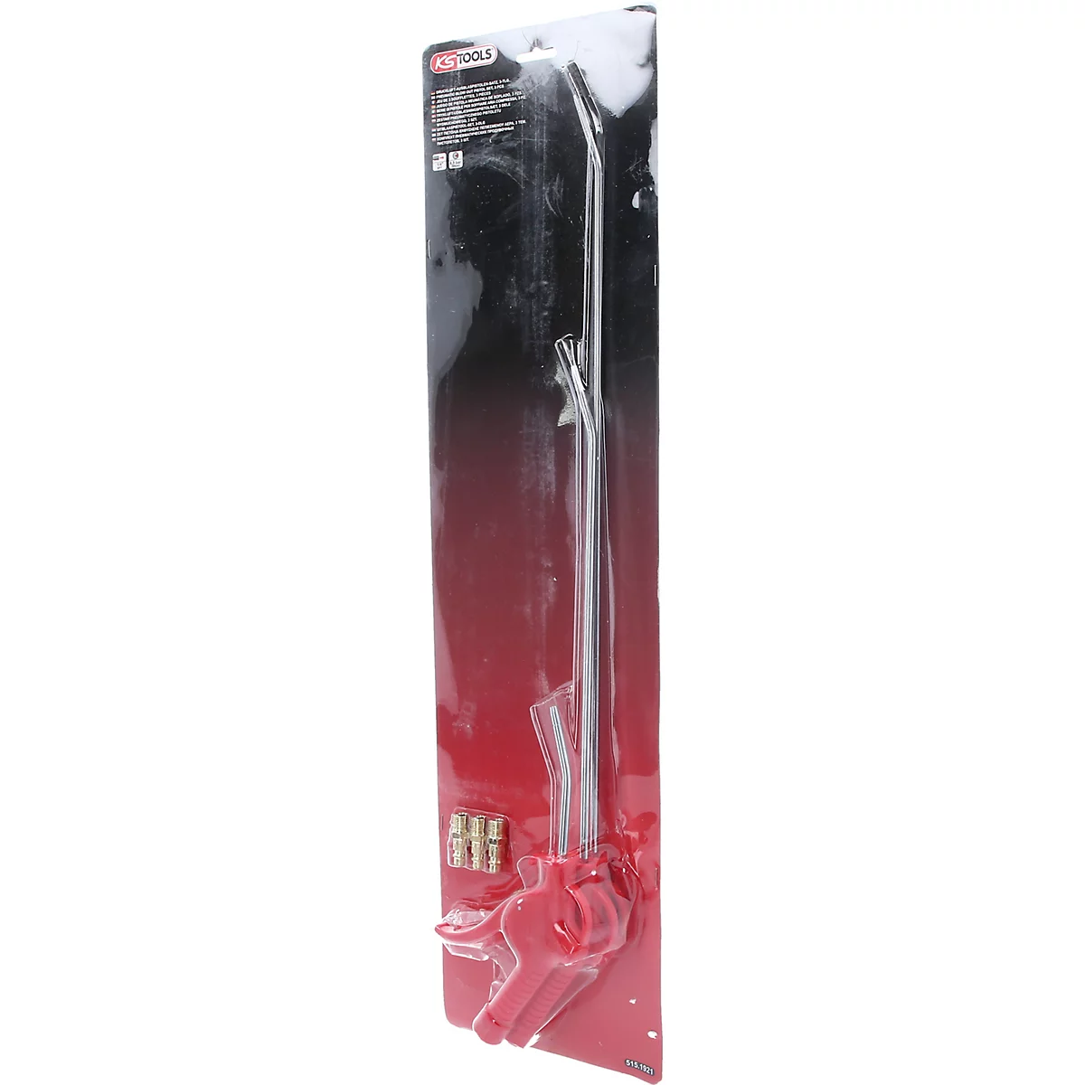 Ölspritzkanne in Verpackung. Sie besteht aus Metall und rotem Kunststoff. Auf der Verpackung ist das Logo von KS Tools zu sehen.