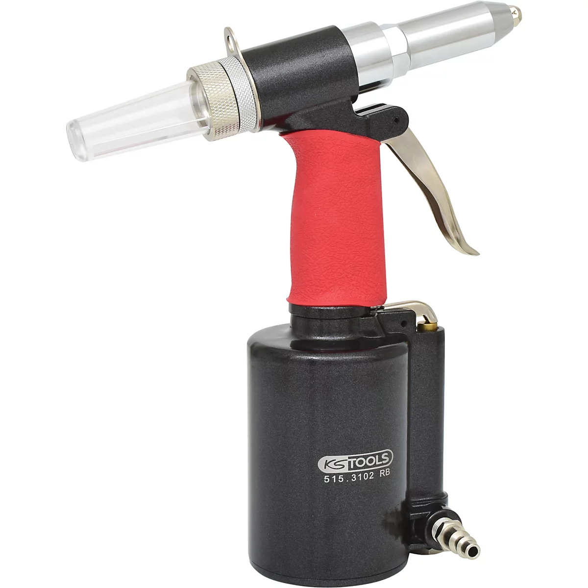 Nietzange, schwarz und rot, mit transparentem Aufsatz, Hebel und Griff. Aufdruck "KS TOOLS 515.3102 RB".