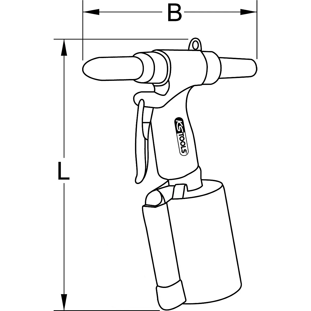 Werkzeug zur Nietverbindung, mit Maßangaben für Länge (L) und Breite (B). Auf dem Werkzeug ist der Schriftzug "KS TOOLS" zu sehen.