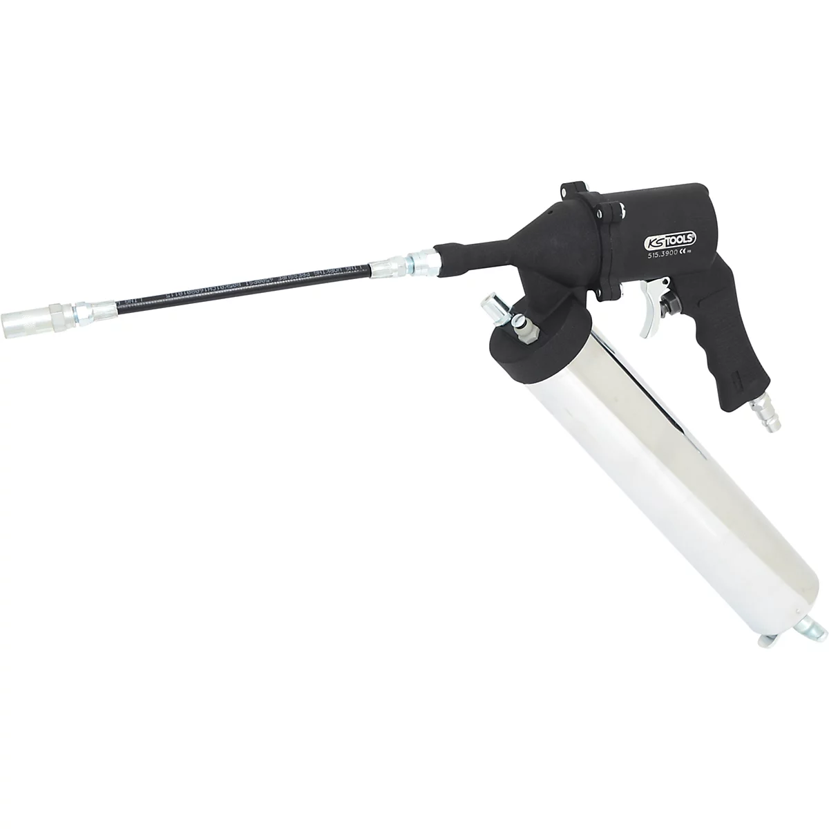 Eine pneumatische Fettpresse, schwarz mit silbernem Zylinder und Ausguss.