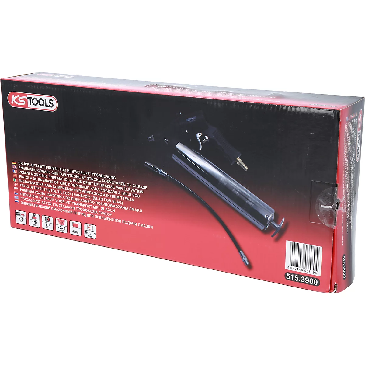 Schwarze Box mit Fettpresse, Text in mehreren Sprachen, KS TOOLS Logo und Barcode.