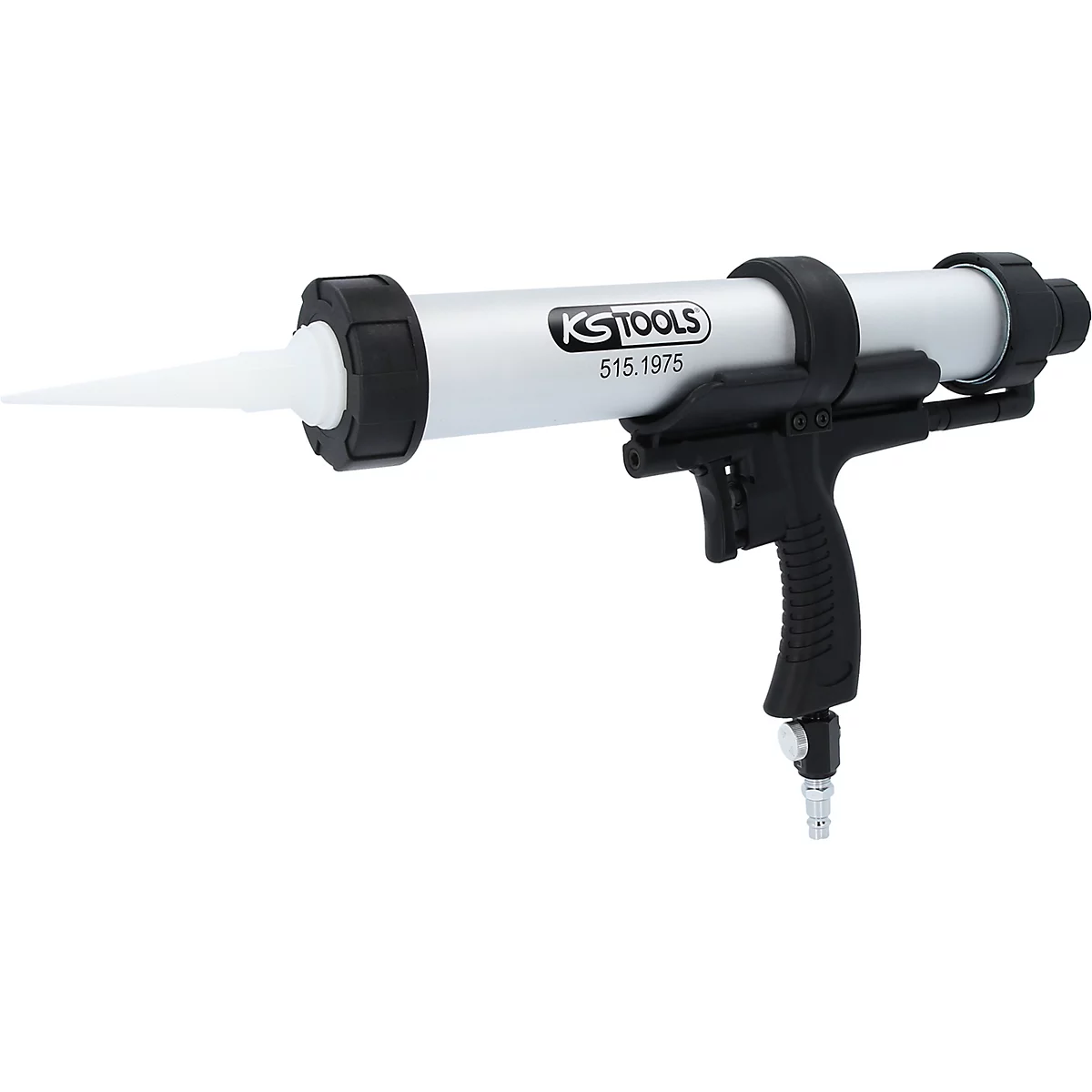Silikonpistole von KSTools, grau und schwarz, mit weißer Spitze.
