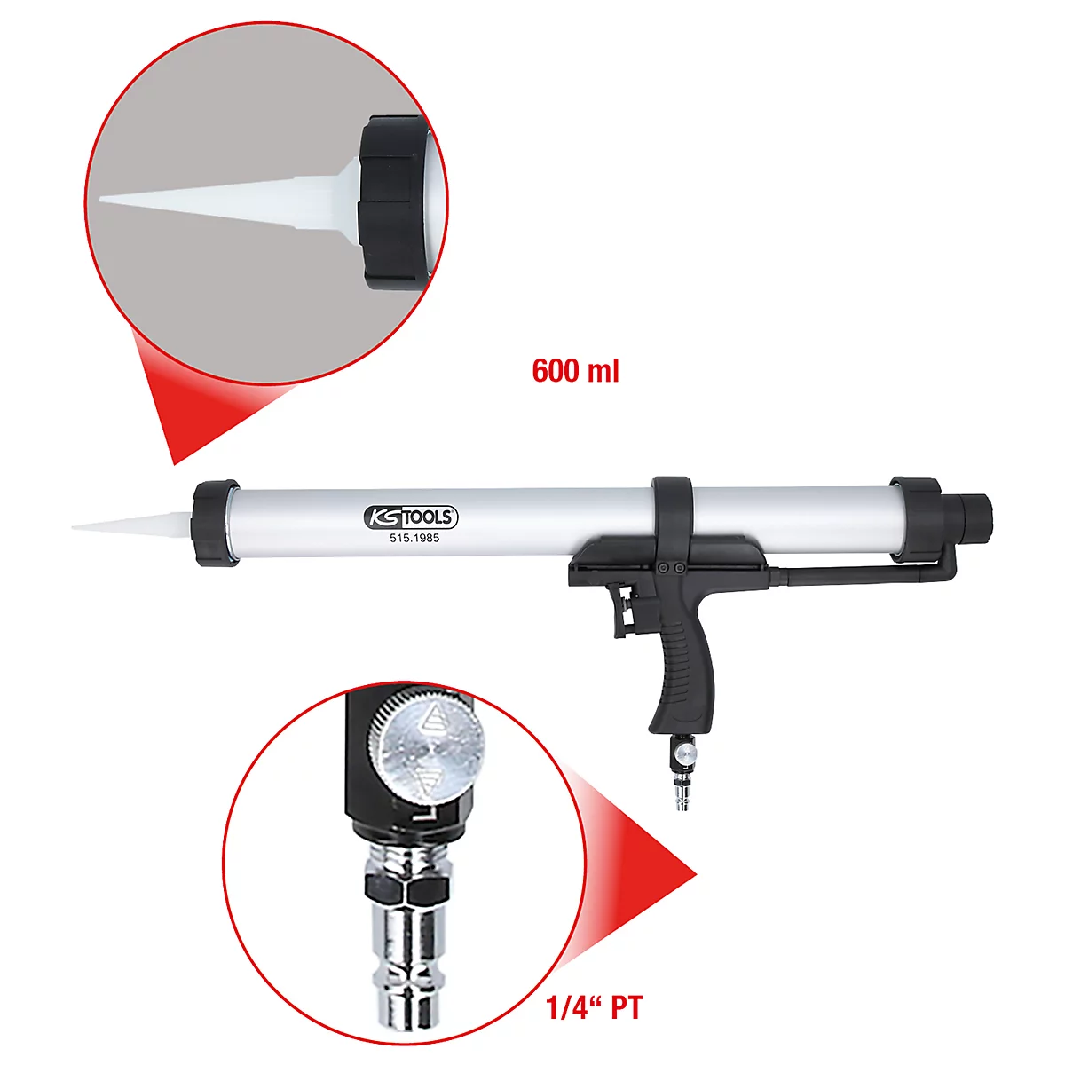Silikonpistole mit Detailansichten. Das Produkt wird mit 600 ml und 1/4" PT beschriftet.
