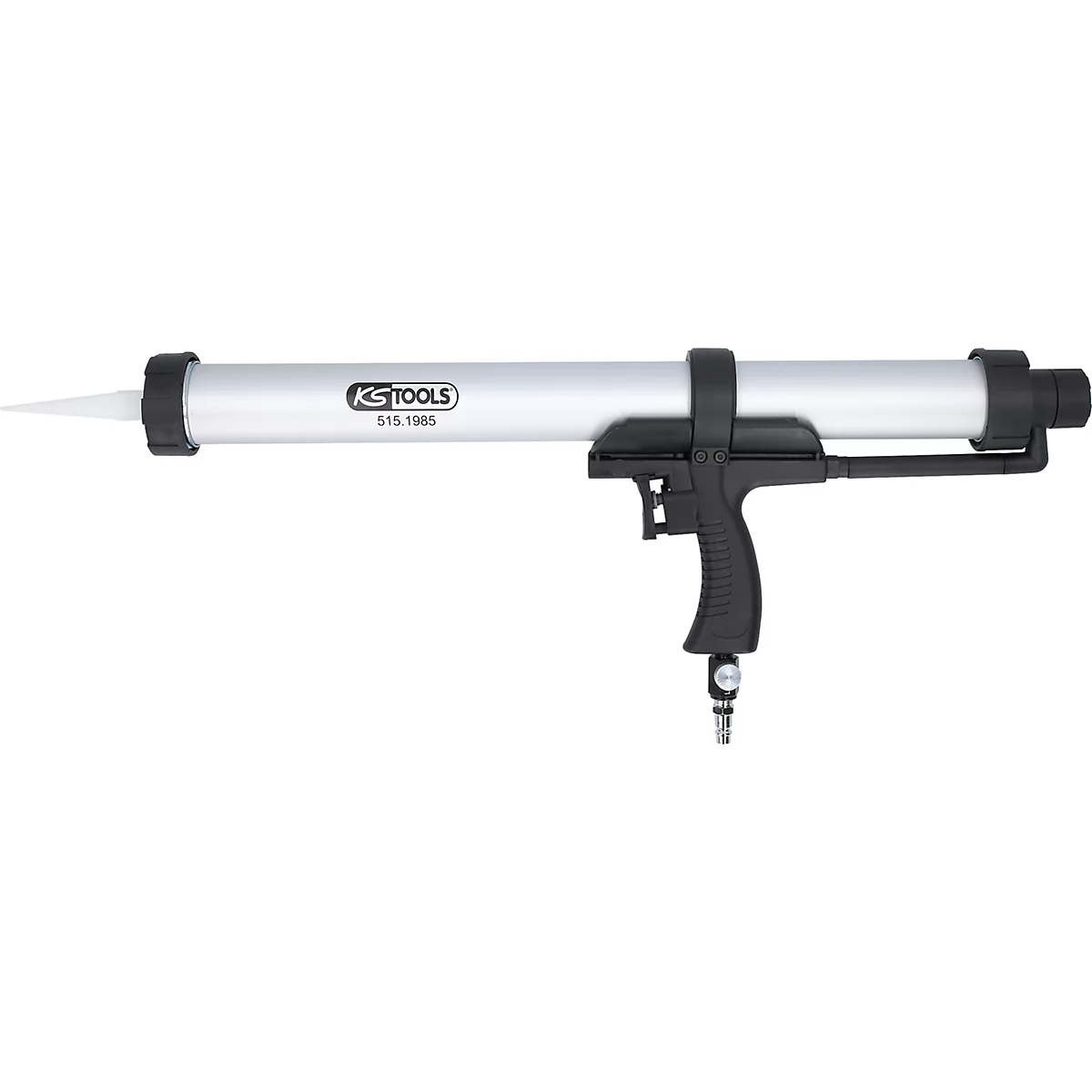 Silikonspritze, silberner Zylinder, schwarzer Griff und Düse. Aufdruck: KS TOOLS.