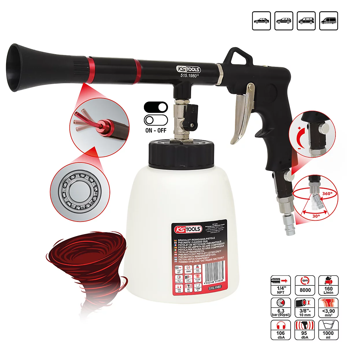 Eine schwarze Druckluftpistole mit weißem Behälter. Details: rote Kabel, Lager und ein Wirbel.