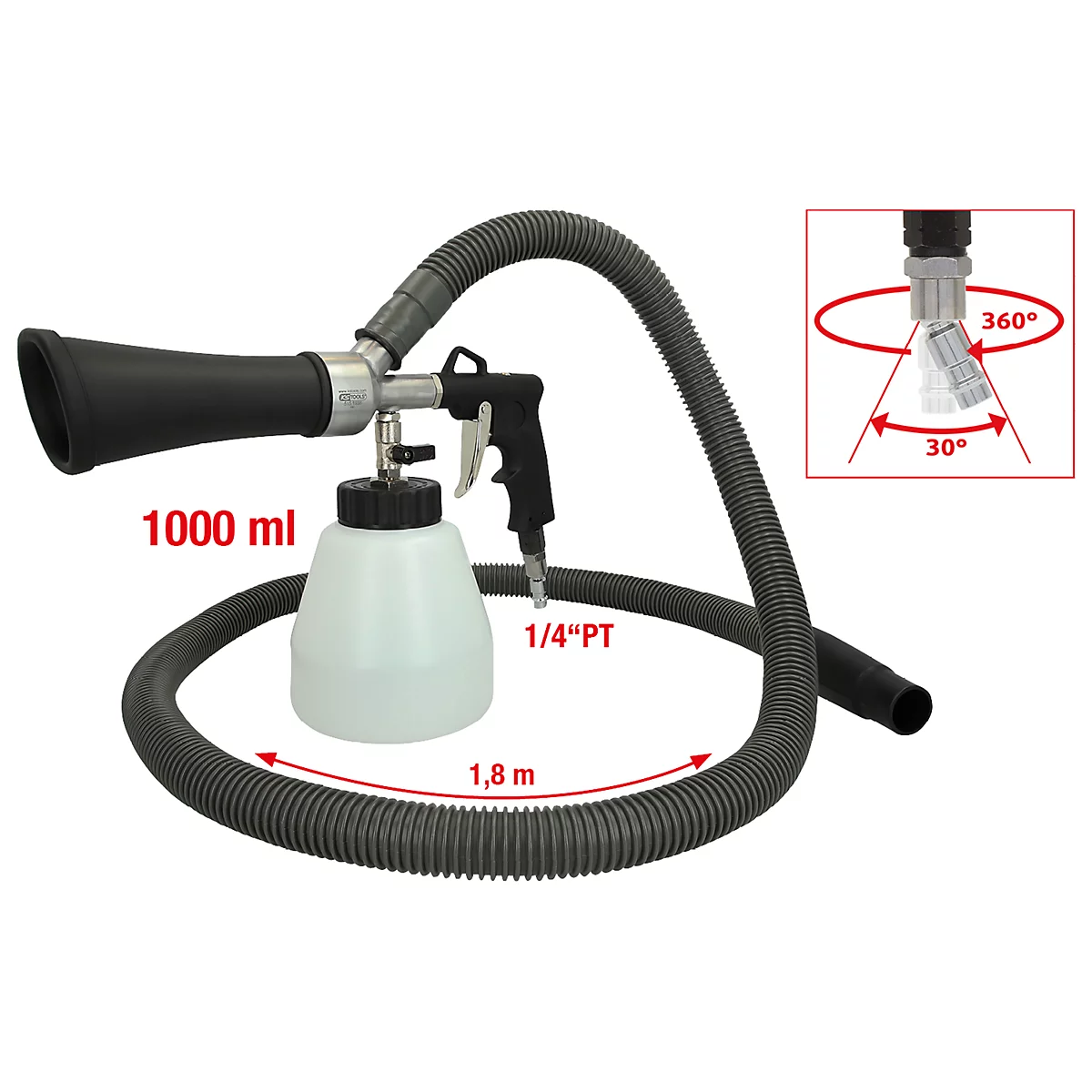 Druckluftreiniger mit schwarzem Schlauch. Aufschrift: 1000 ml, 1/4"PT, 1,8 m.
