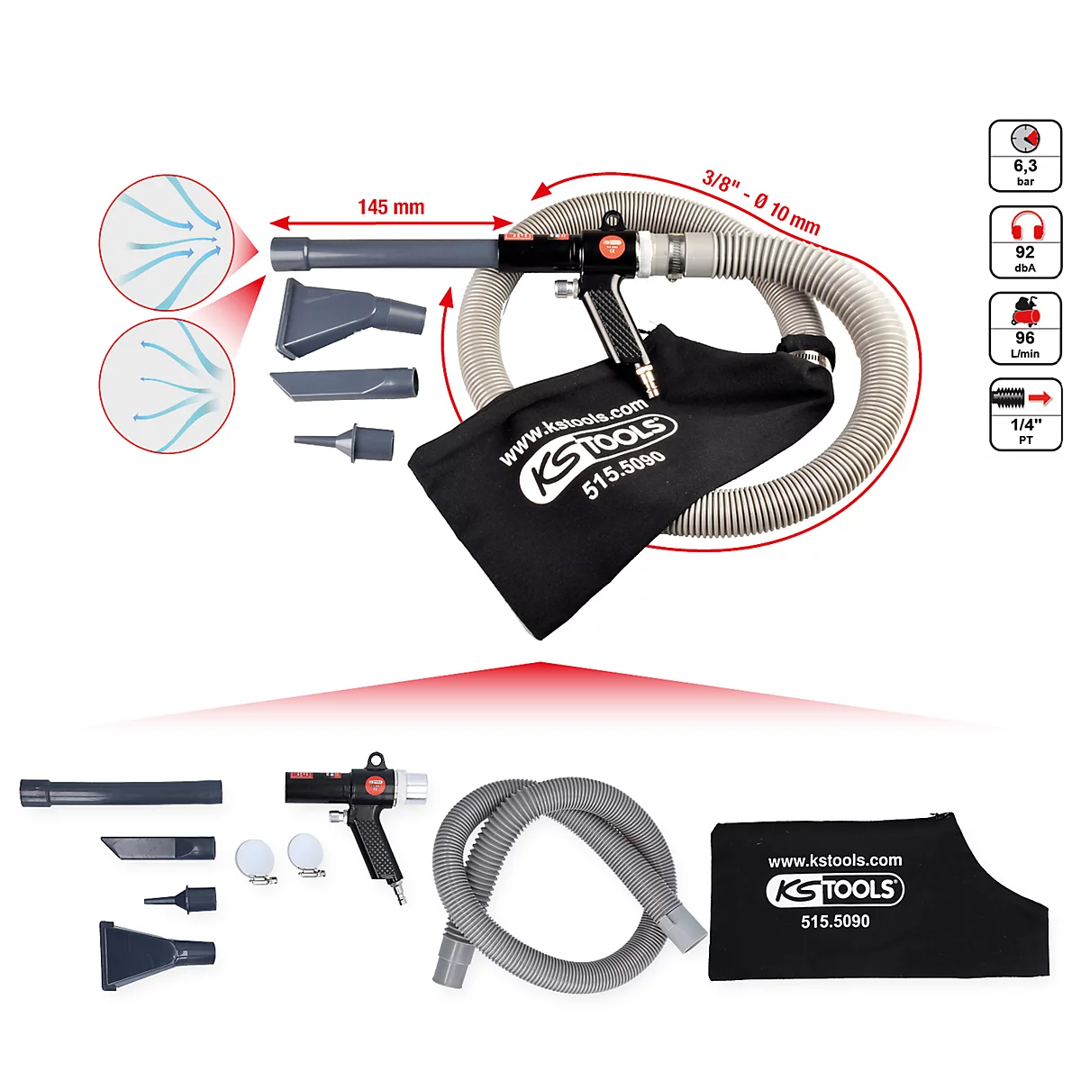 Werkzeug-Set, schwarz-grau. Enthalten sind ein Sauger mit Zubehör, ein Schlauch und ein Beutel. Der Beutel hat einen Aufdruck mit dem Logo.