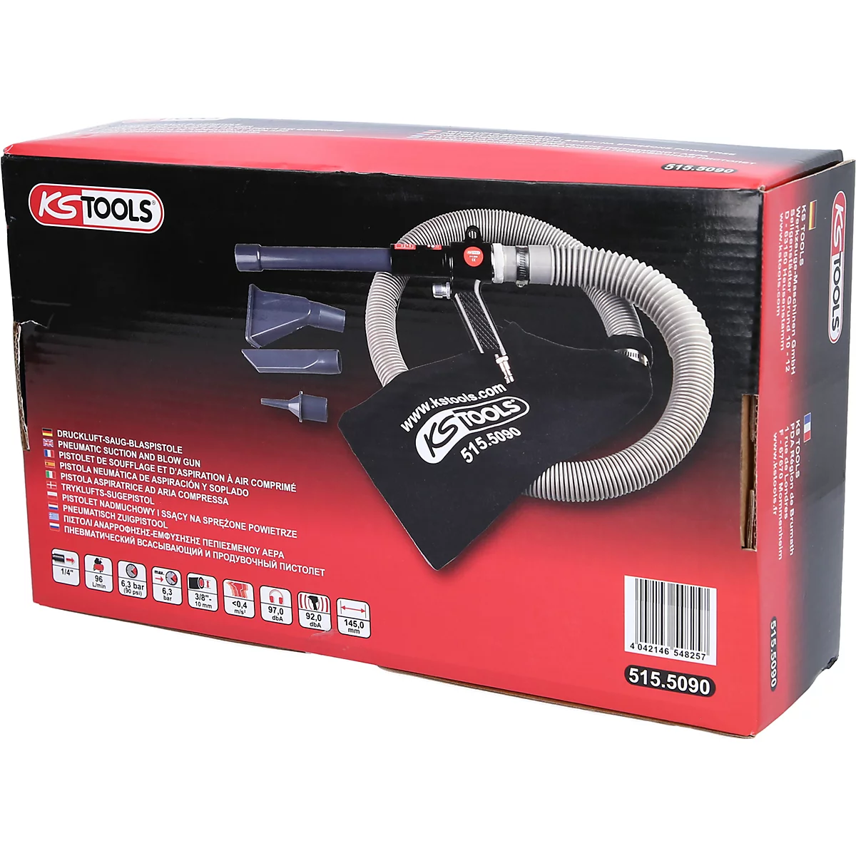 Druckluft-Saug- und Blas-Pistole auf roter Verpackung. Schwarzer Beutel mit KS Tools Logo.
