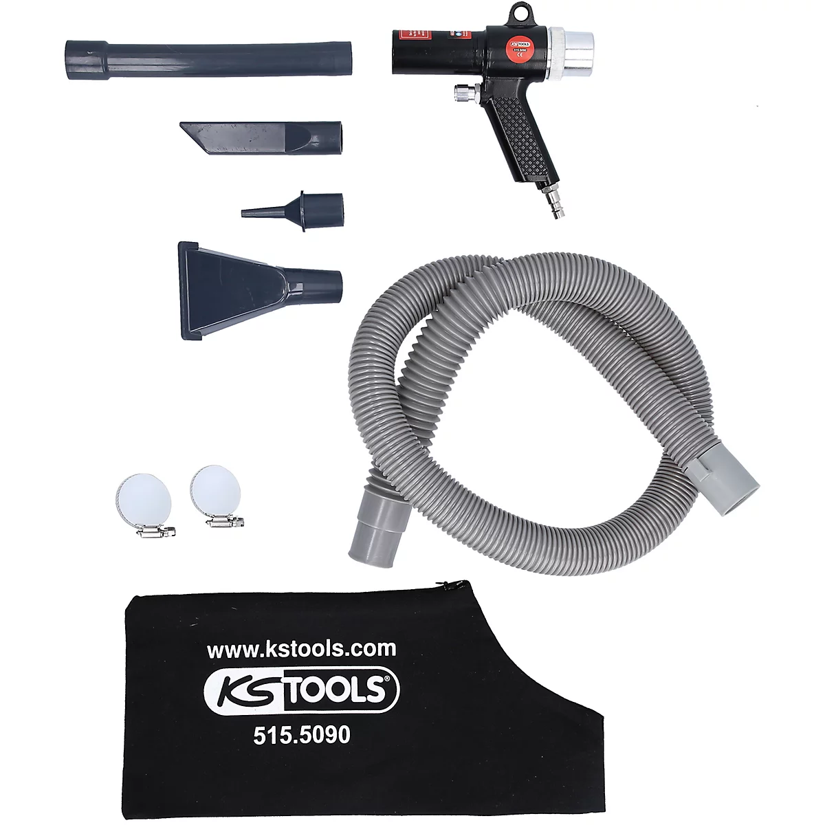 Eine schwarze Druckluftpistole mit Zubehör wie Düsen, Schlauch und Beutel. Auf dem Beutel steht "KS TOOLS".