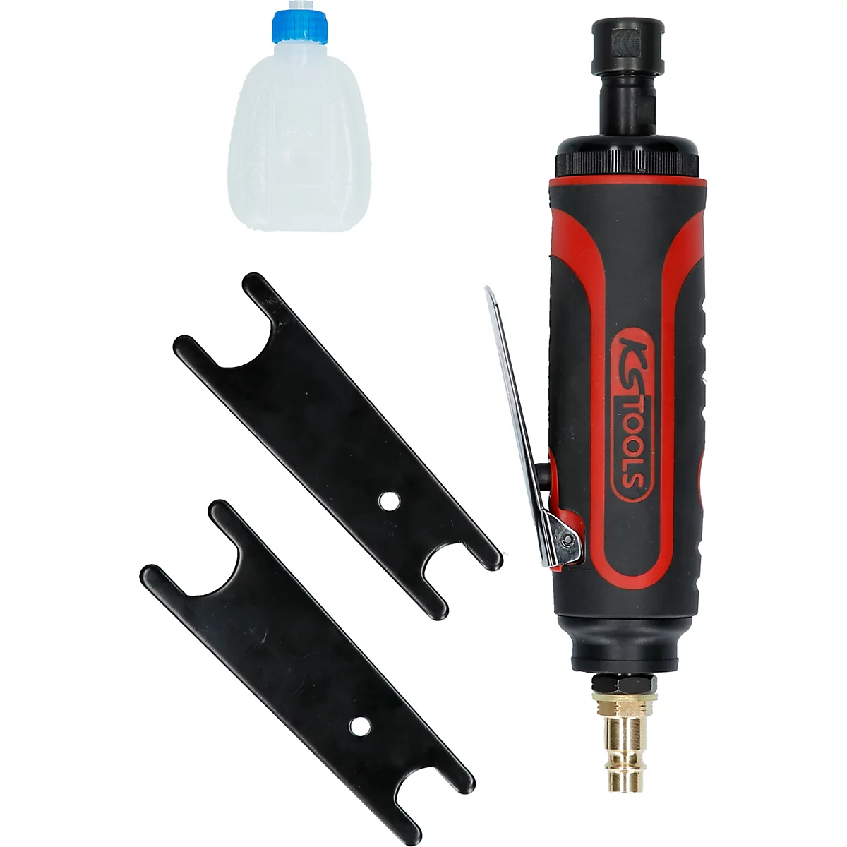 Schleifmaschine mit Zubehör, inkl. Ölflasche und Schlüssel. Das Gerät ist schwarz-rot mit dem Logo 'KS TOOLS'.