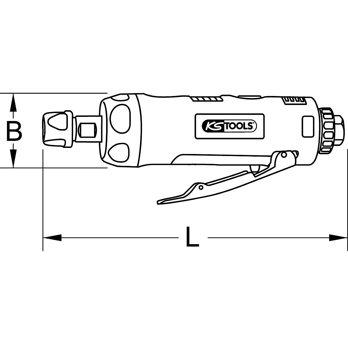Technische Zeichnung eines Druckluftschleifers mit den Kennzeichnungen "B" und "L" für die Abmessungen und dem Logo von KS Tools.