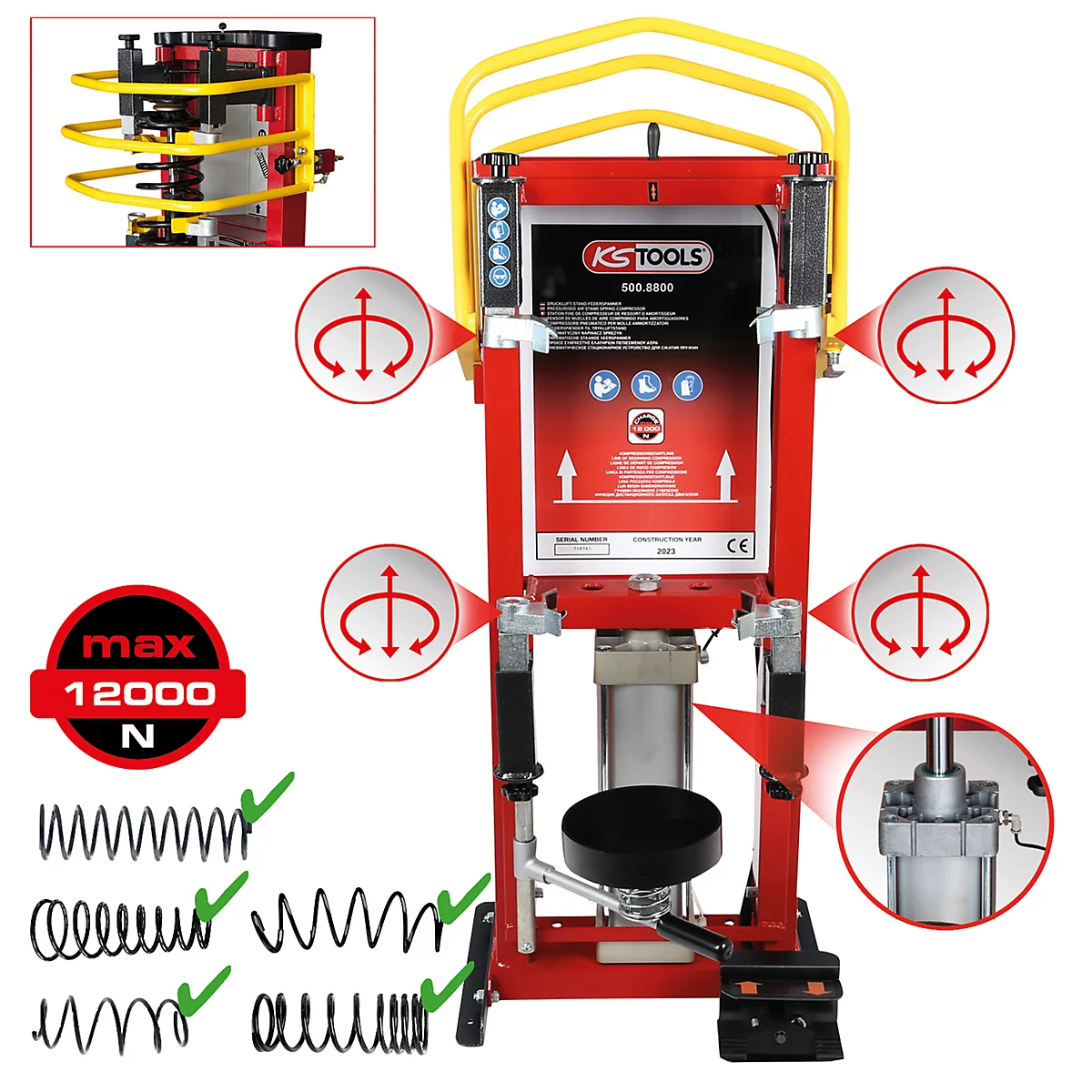 Rote KS TOOLS Federpresse mit gelbem Bügel und Federn. Kreispfeile markieren verstellbare Teile. Max. 12000 N.