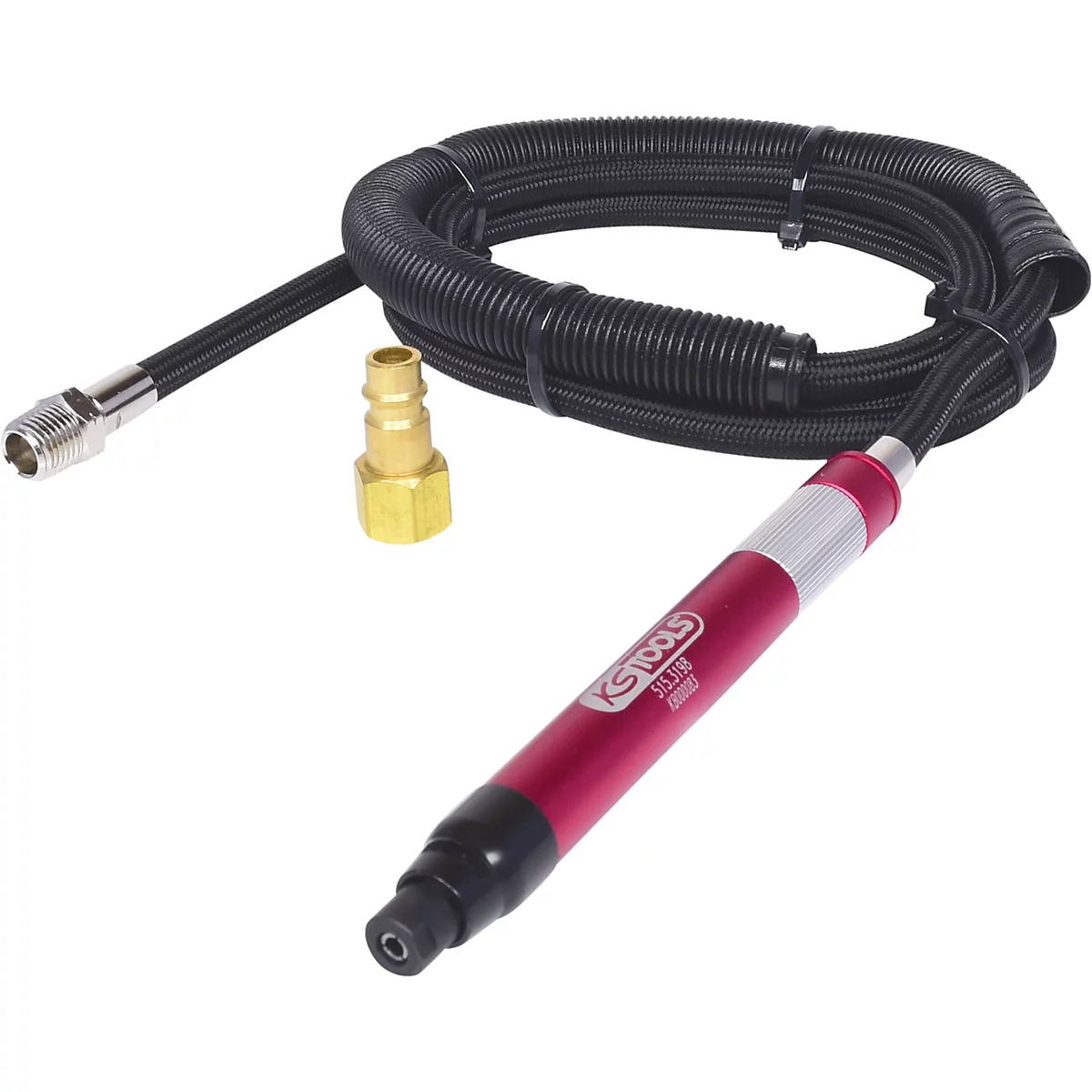 Rote Druckluft-Schleifmaschine mit schwarzem Schlauch, Goldfarbener Stecker, liegend.