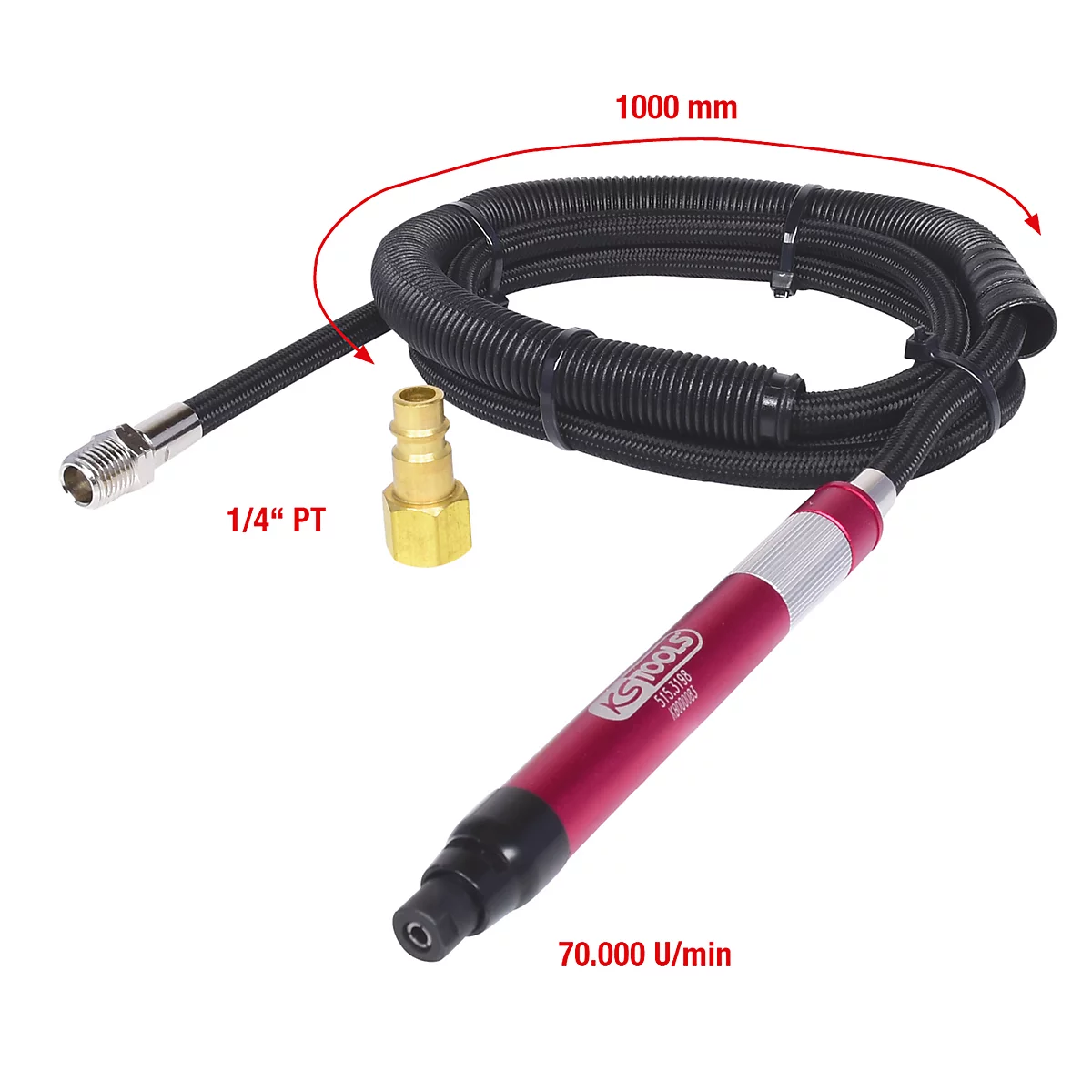 Druckluft-Schleifer mit schwarzem Schlauch, rotem Griff und gelbem Anschluss. Aufschrift: KS Tools, 70.000 U/min.