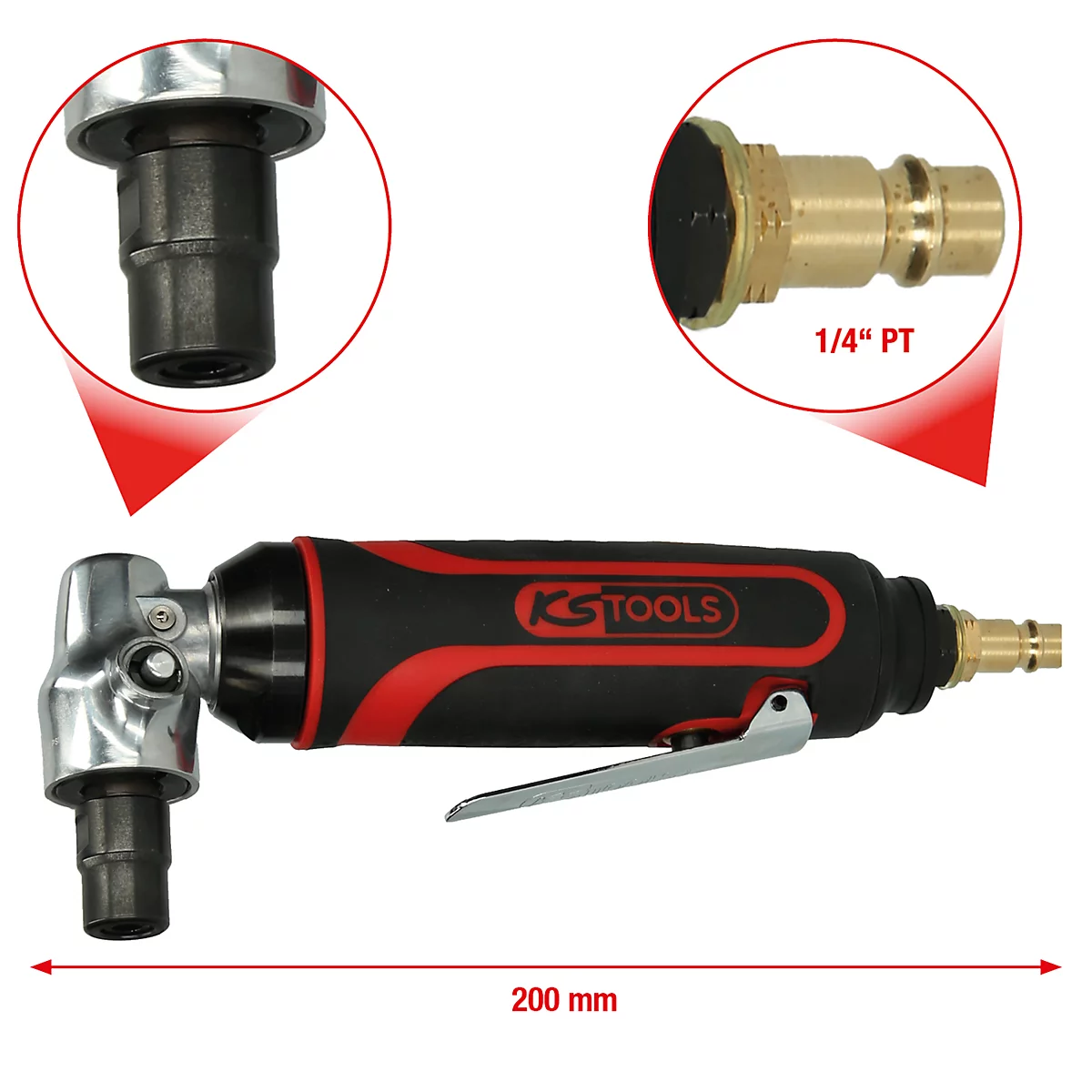 Winkelschleifer von KS TOOLS. Mit Details des Aufsatzes und des Anschlusses. Länge: 200 mm.