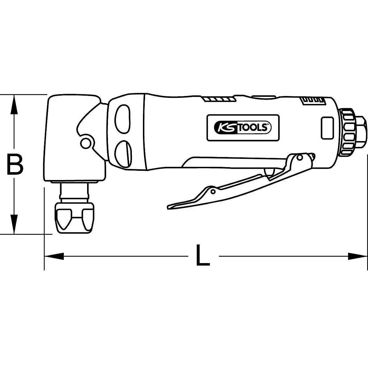 Draufsicht auf einen pneumatischen Knarrenschlüssel. Das KS TOOLS Logo ist gut erkennbar. Daneben die Maße B und L.