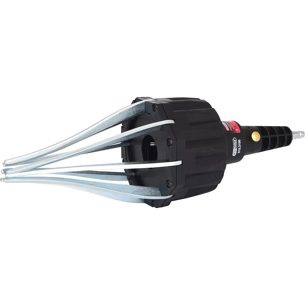 Werkzeug mit vier metallischen Greifarmen, schwarzem Griff und gelbem Knopf. Aufdruck: "KTOOLS".