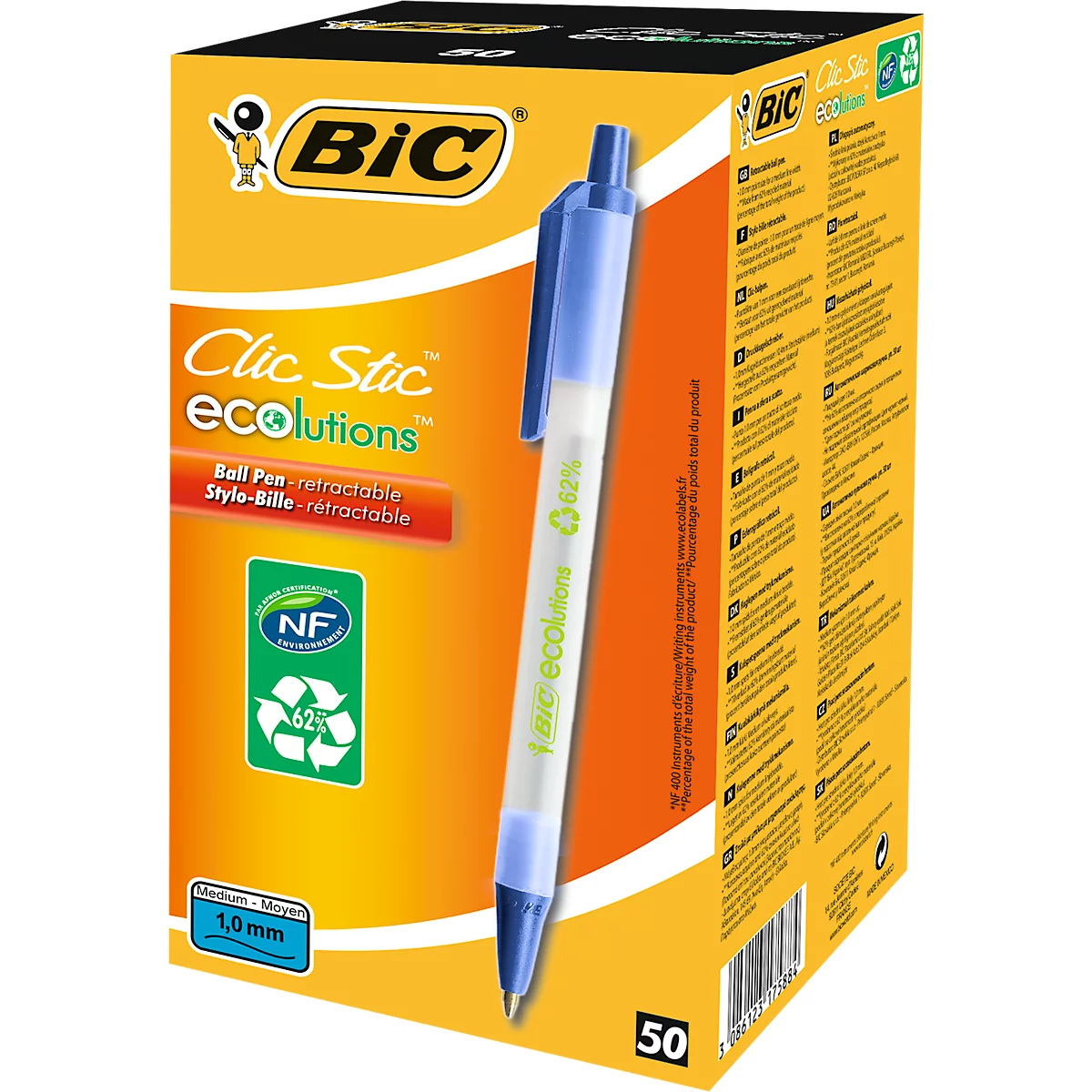 Drukbalpen BIC® ECOlutions® Clic Stic, 0,4 mm, gerecycleerd, blauw, 50 stuks