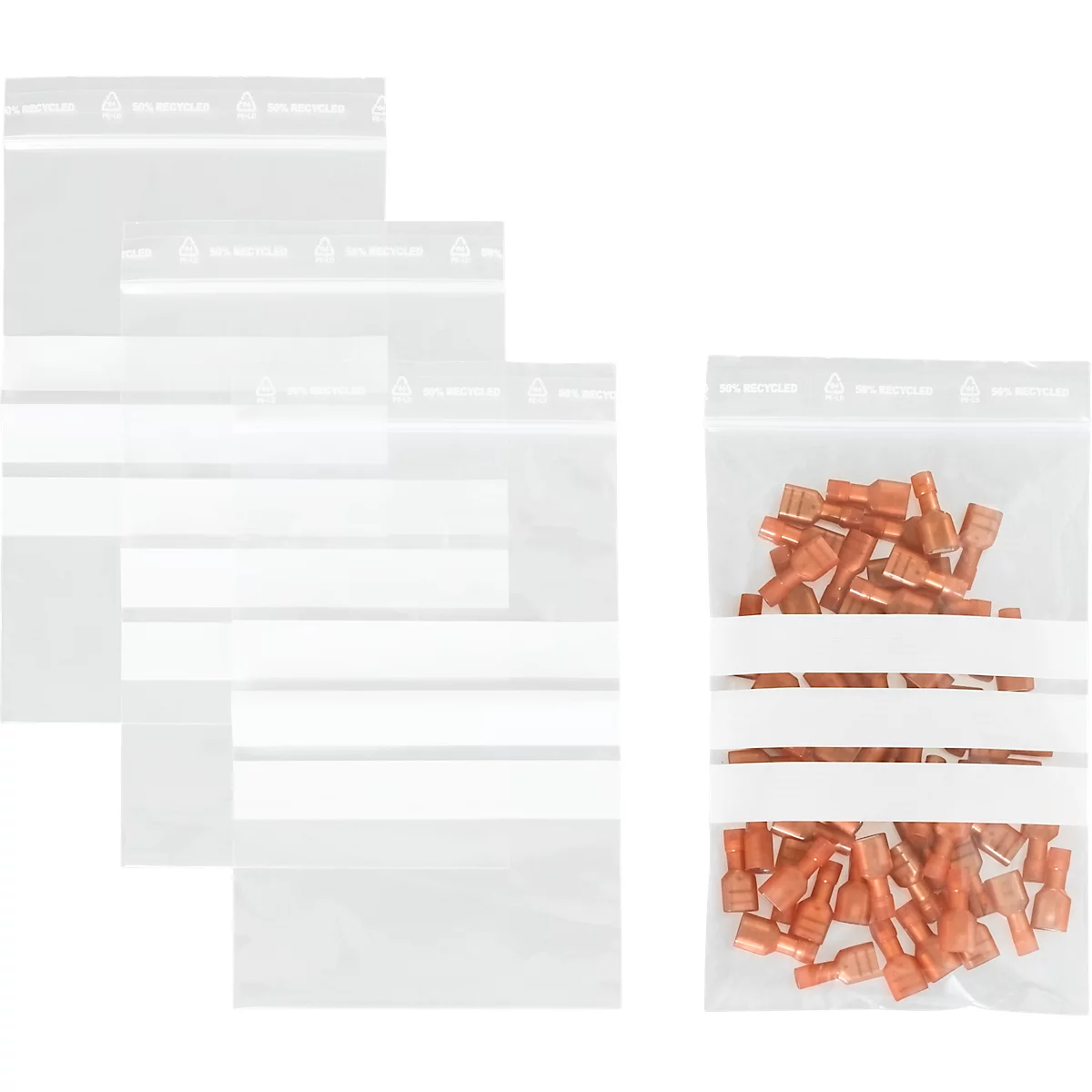 Drukzakken - polypropeen - 50% geregenereerd - 100 × 150 mm - 50 µm - 3 inschrijvingsvelden - transparant - pak van 1000 stuks