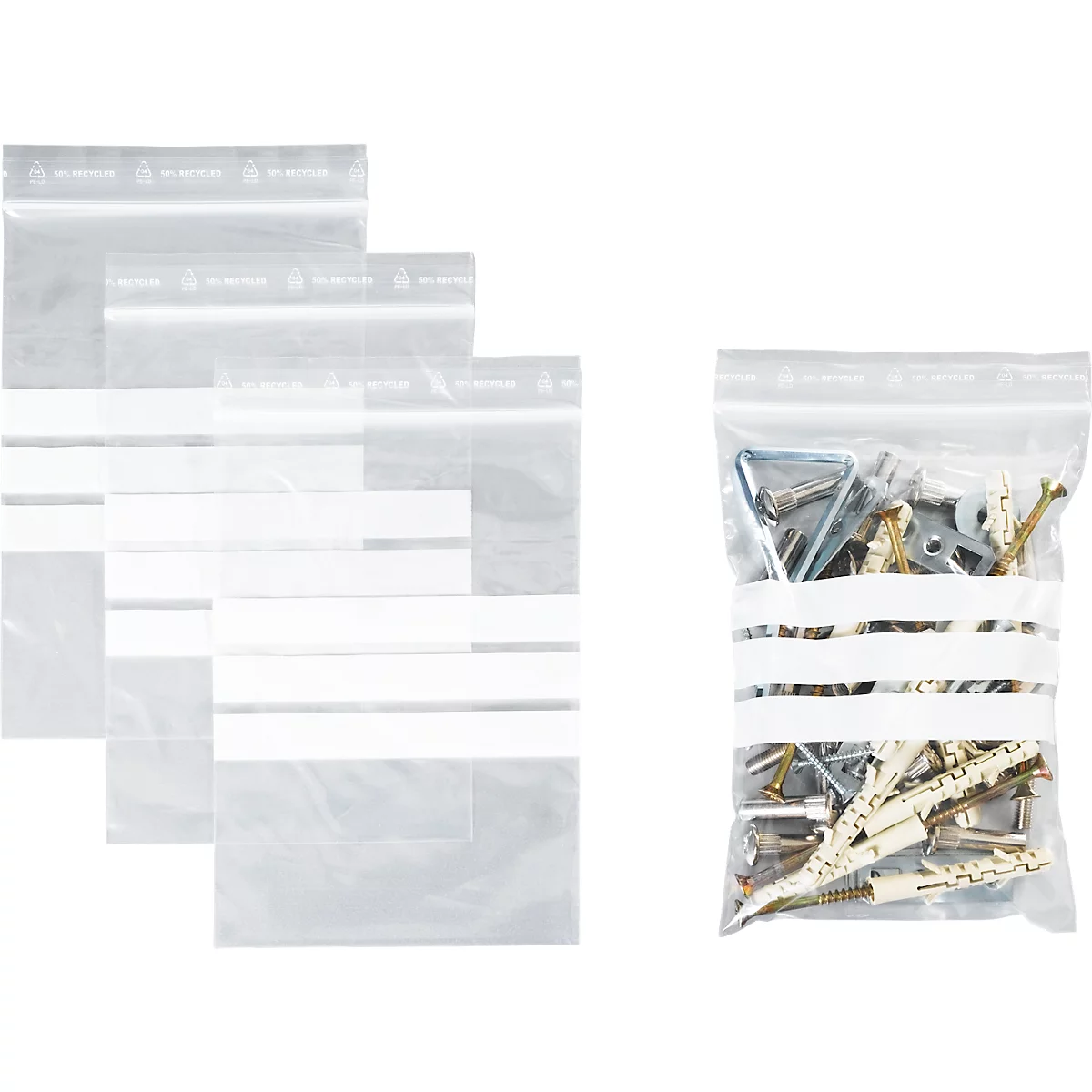 Drukzakken - polypropeen - 50% geregenereerd - 120 × 170 mm - 50 µm - 3 inschrijvingsvelden - transparant - pak van 1000 stuks