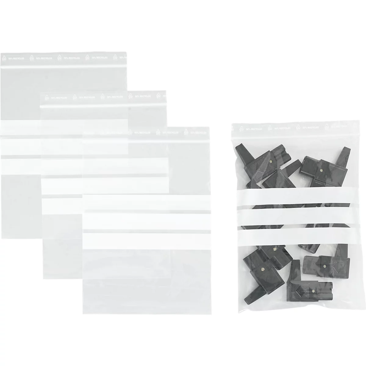 Drukzakken - polypropeen - 50% geregenereerd - 160 × 220 mm - 50 µm - 3 inschrijvingsvelden - transparant - pak van 1000 stuks