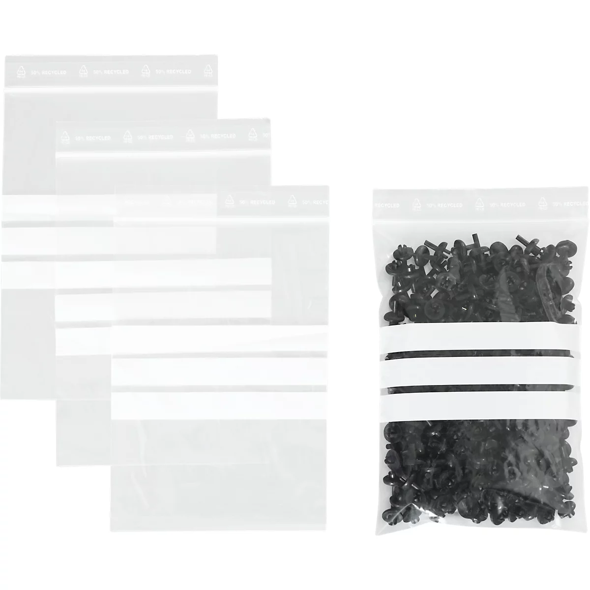 Drukzakken - polypropeen - 50% geregenereerd - 70 × 100 mm - 50 µm - 3 inschrijvingsvelden - transparant - pak van 1000 stuks
