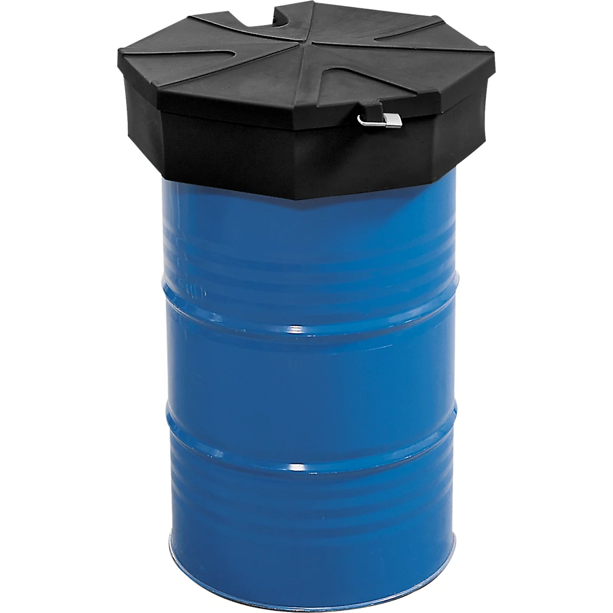 Blue metal barrel with black lid. The lid has an irregular hexagonal shape and a clasp.