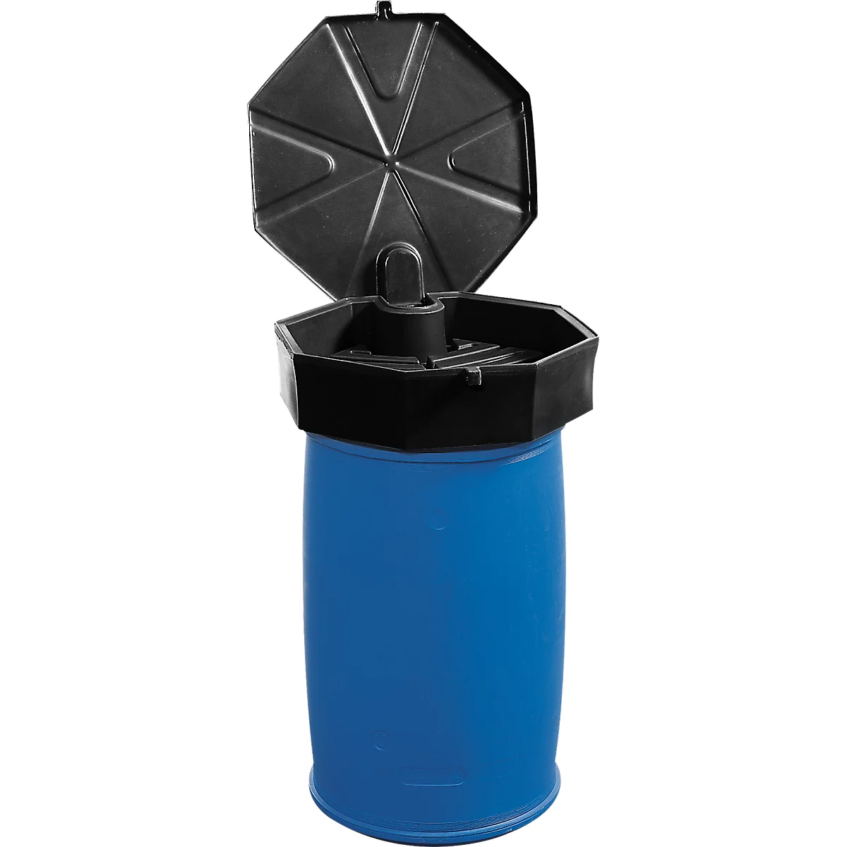 Blue trash can with octagonal black lid, open.