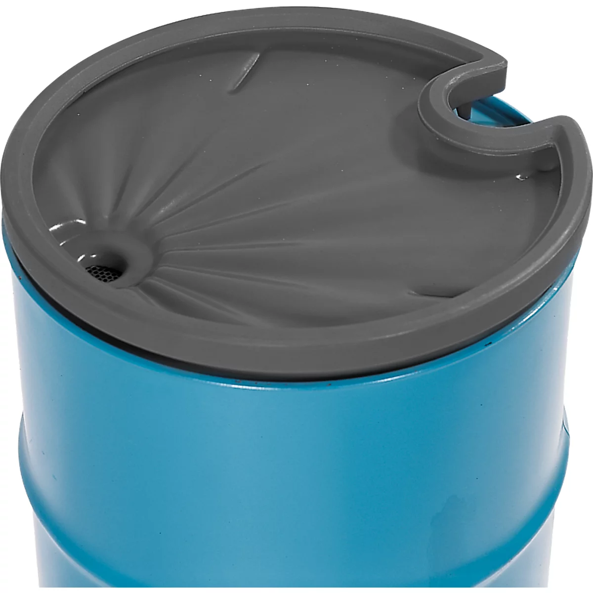 Blue metal barrel lid with gray border and inlet opening.
