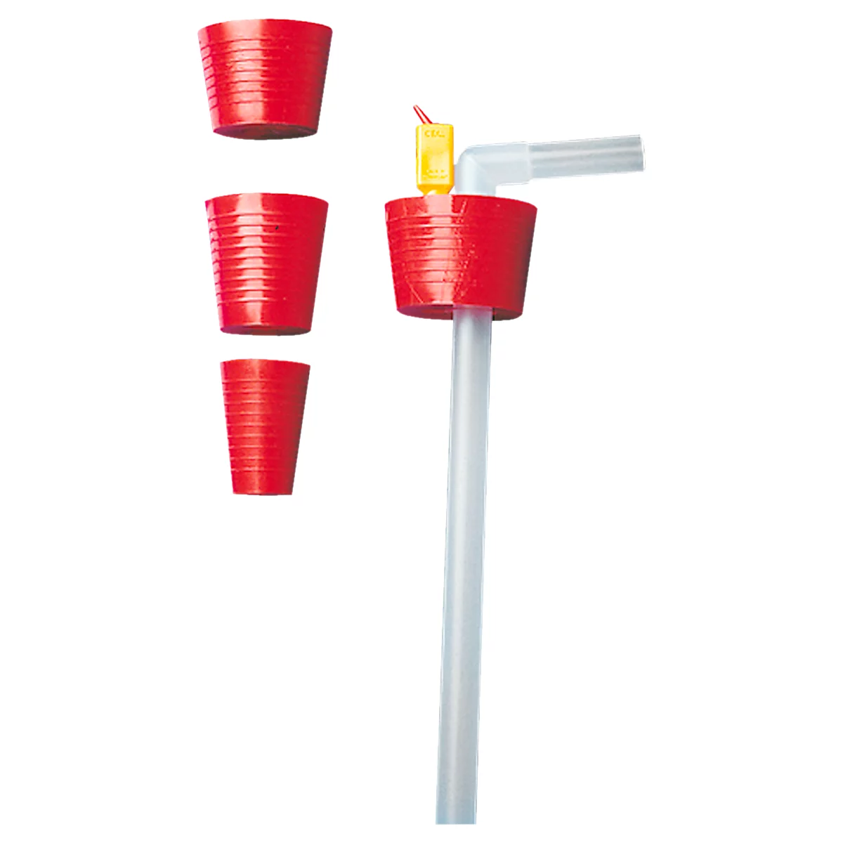 Red funnels and a dispensing valve, connected to a transparent tube.