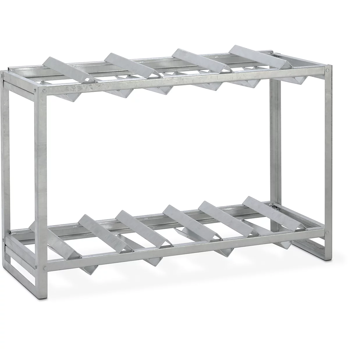 Grey metal rack with two levels divided by diagonal struts.