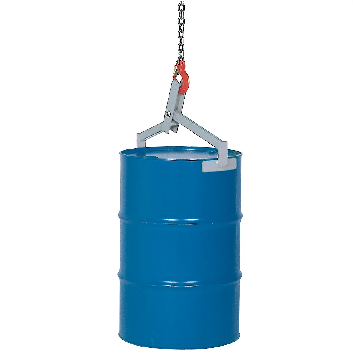 Blue metal drum being transported by a lifting device hanging from a chain.