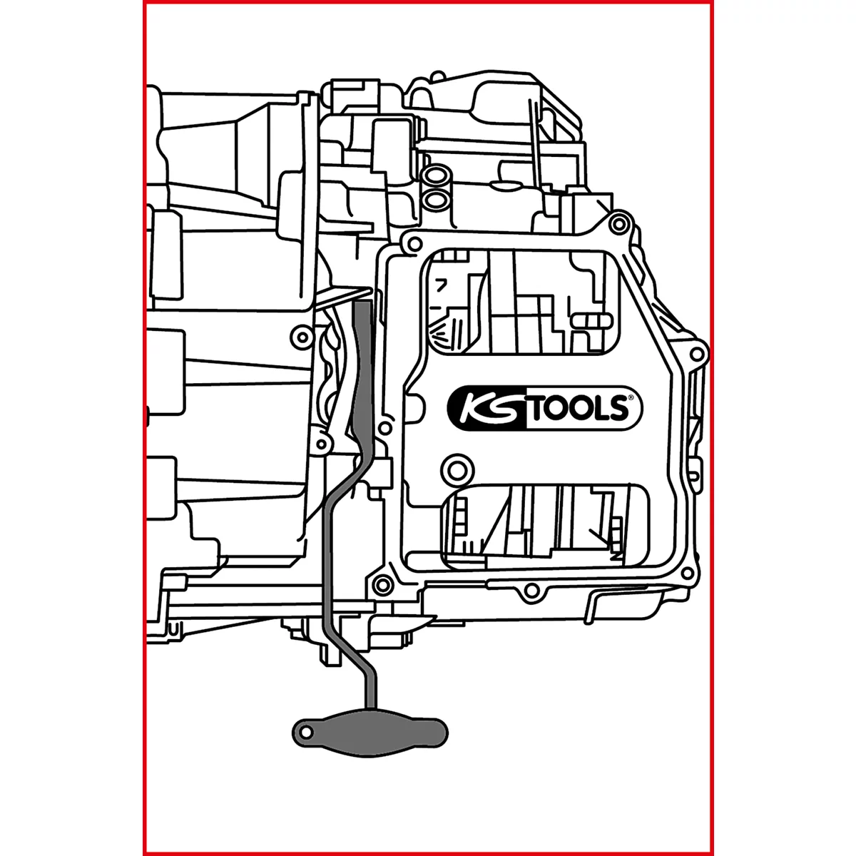Graue Detailansicht eines Metallwerkzeugs, das an einem größeren metallischen Maschinenteil befestigt ist, mit 'KS TOOLS' Logo.