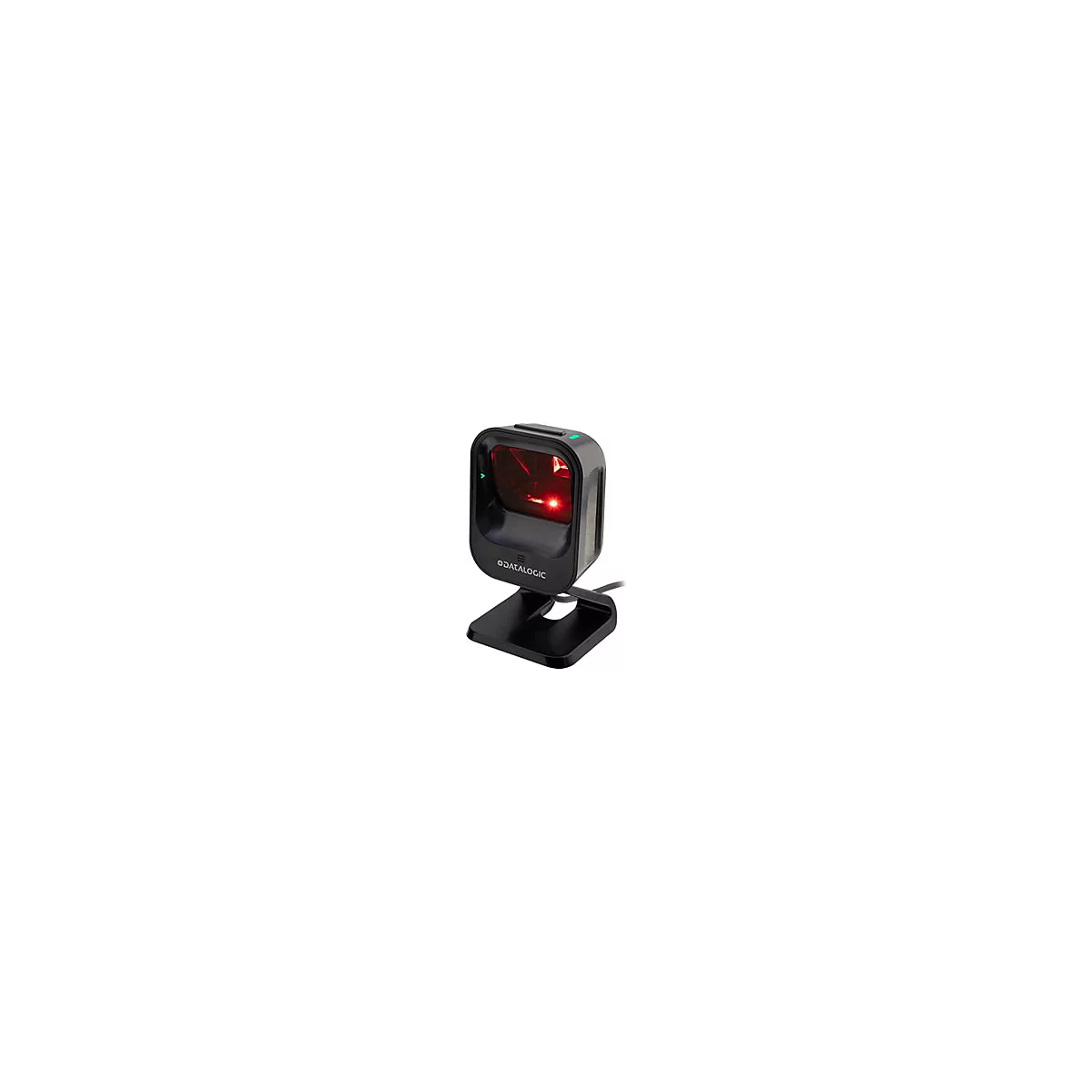 Ein schwarzer Barcode-Scanner mit rotem Laserlicht und dem Datalogic-Logo. Auf einem Ständer.