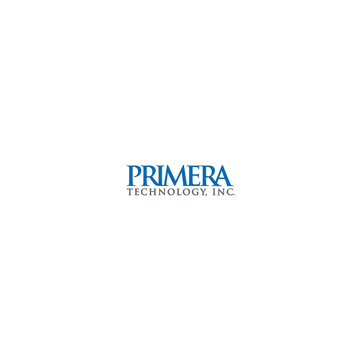 Blaues Logo von Primera Technology, Inc. mit grauer Schrift auf weißem Hintergrund.
