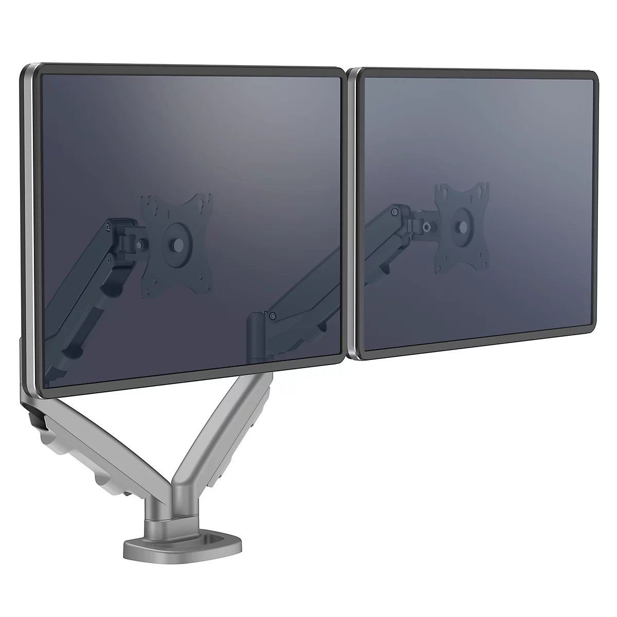 Dual Monitorarm Fellowes Eppa™, jusqu'à 39" de largeur totale, VESA, réglable en panoramique/inclinaison/ hauteur, argent