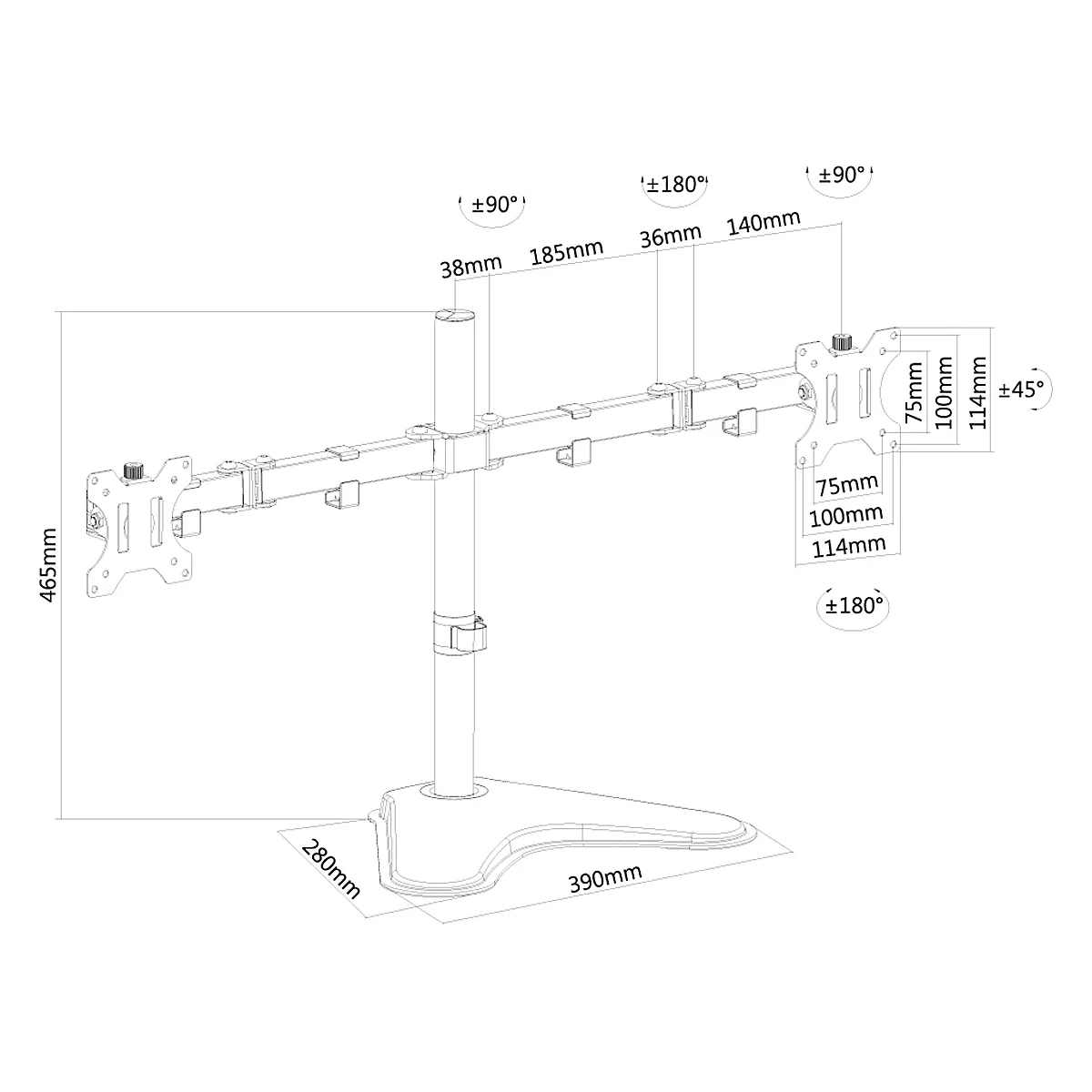 Dual-monitorarm NewStar FPMA-D550DDBLACK, tot 32', kantel-/draai-/zwenkbaar, in hoogte & diepte verstelbaar