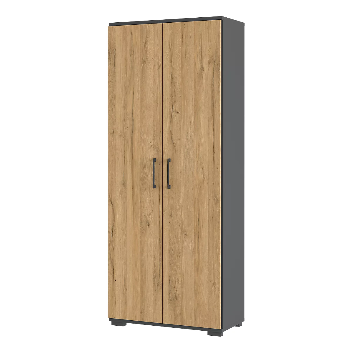 Een hoge kast met twee deuren. De deuren zijn gemaakt van hout met nerven, de zijkanten zijn grijs. Handgrepen zijn donker.