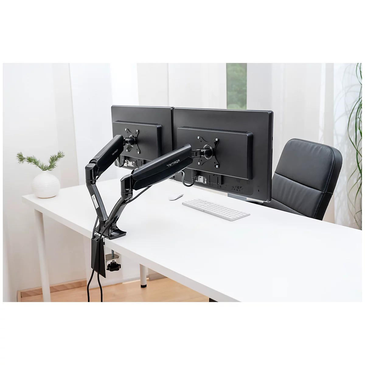 Dubbele monitorarm Vantage Office, tot 27 inch per arm, 2-9 kg per arm, in hoogte/diepte verstelbaar, kantelfunctie, VESA, zwart