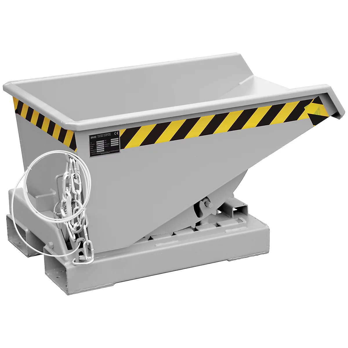 Grey tipping skip with yellow and black warning marking. A chain secures the skip.