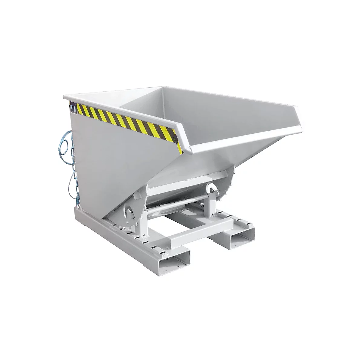 Gray tipping skip with yellow-black warning markings, on metal frame.